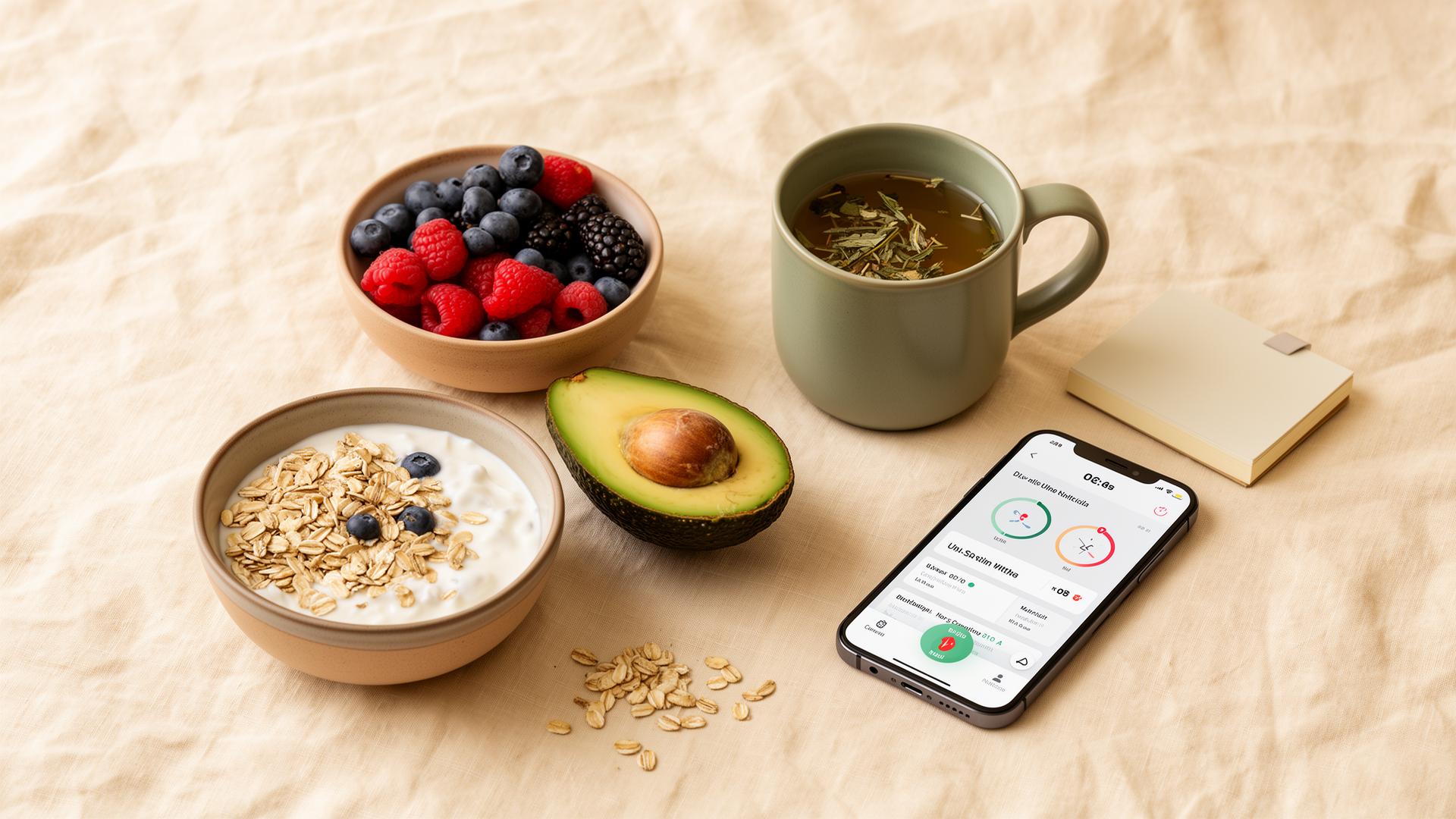 Frukost med bär, havregryn och en kostapp på en mobilskärm